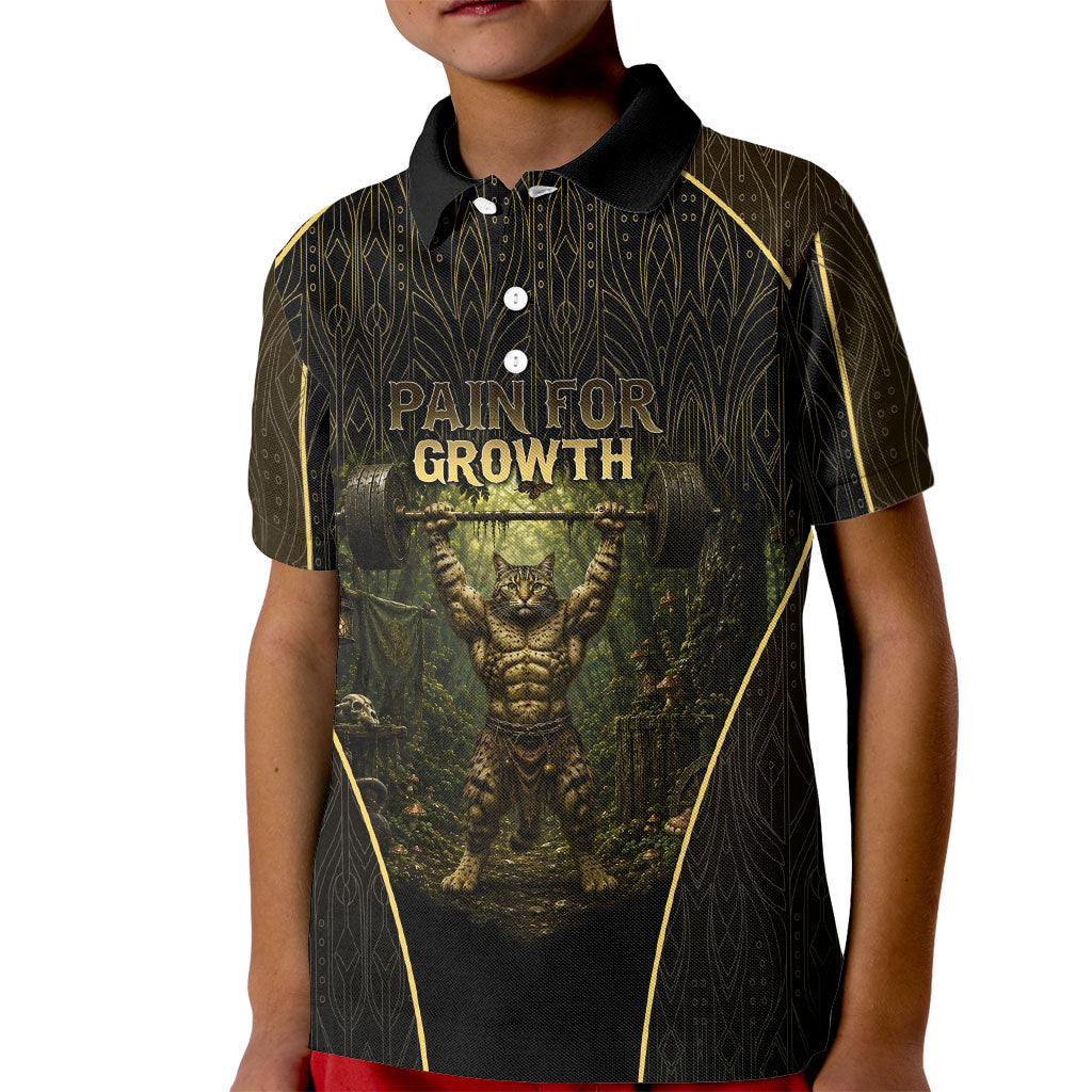 Personalized Muscular Cat Weightlifting Kid Polo Shirt Pain For Growth Dark Fantasy Gym Graphic
