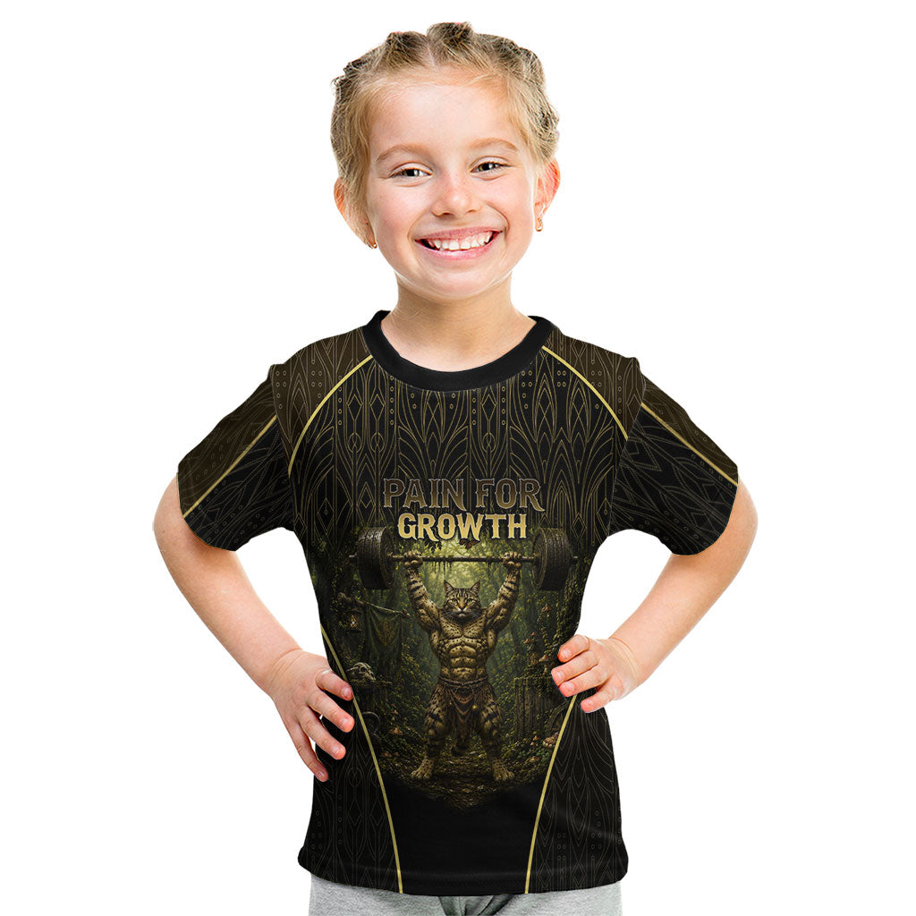 Personalized Muscular Cat Weightlifting Kid T Shirt Pain For Growth Dark Fantasy Gym Graphic