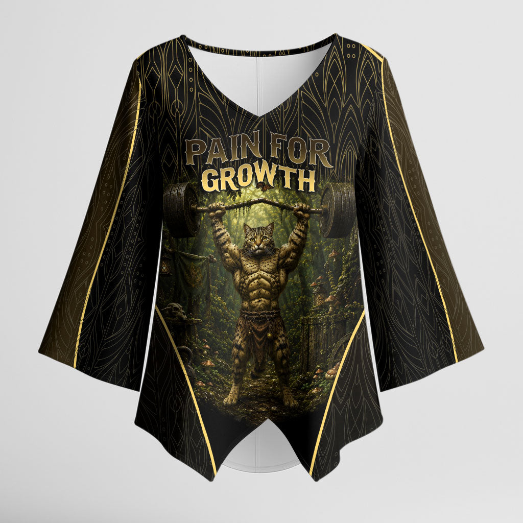 Personalized Muscular Cat Weightlifting Kimono Sleeve Blouse Pain For Growth Dark Fantasy Gym Graphic