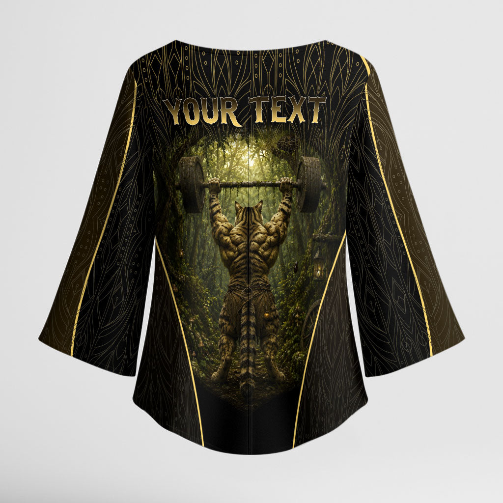 Personalized Muscular Cat Weightlifting Kimono Sleeve Blouse Pain For Growth Dark Fantasy Gym Graphic