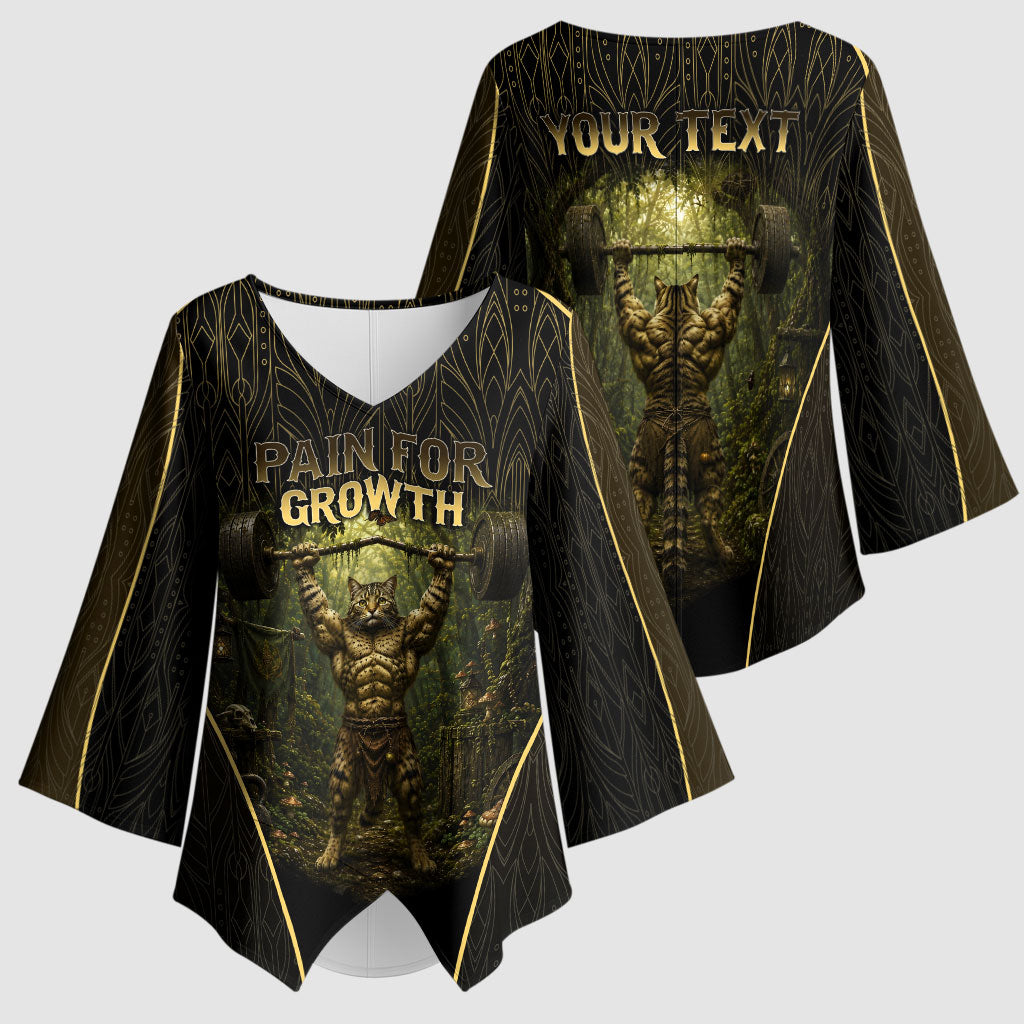 Personalized Muscular Cat Weightlifting Kimono Sleeve Blouse Pain For Growth Dark Fantasy Gym Graphic