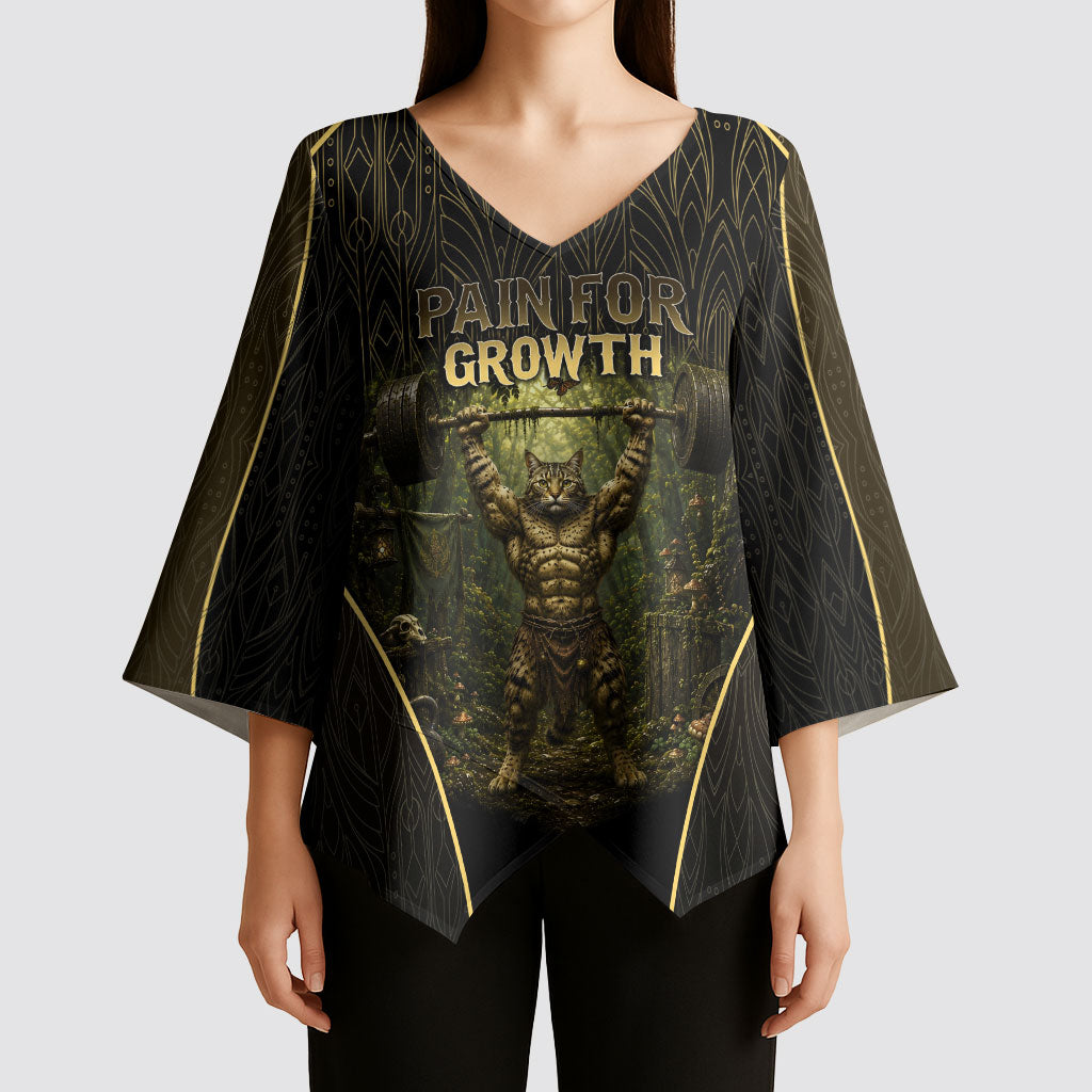 Personalized Muscular Cat Weightlifting Kimono Sleeve Blouse Pain For Growth Dark Fantasy Gym Graphic