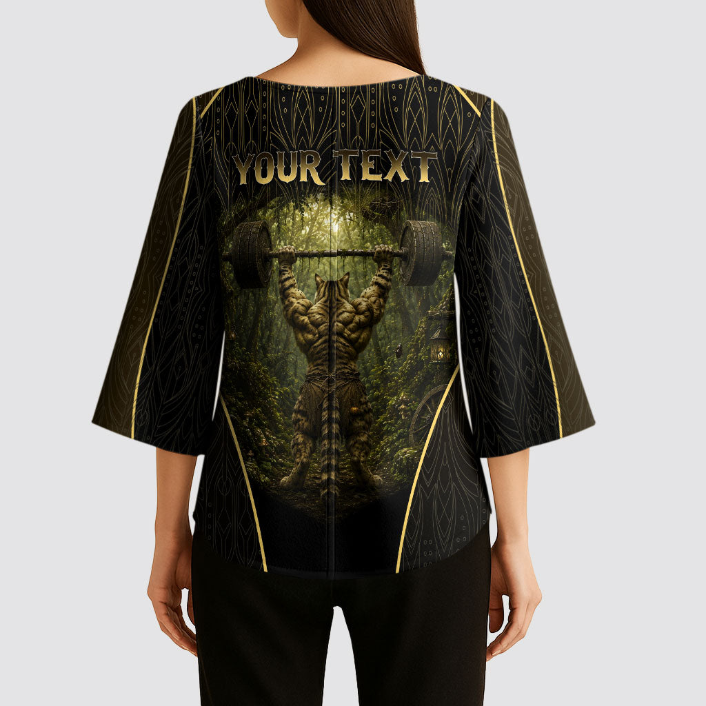 Personalized Muscular Cat Weightlifting Kimono Sleeve Blouse Pain For Growth Dark Fantasy Gym Graphic