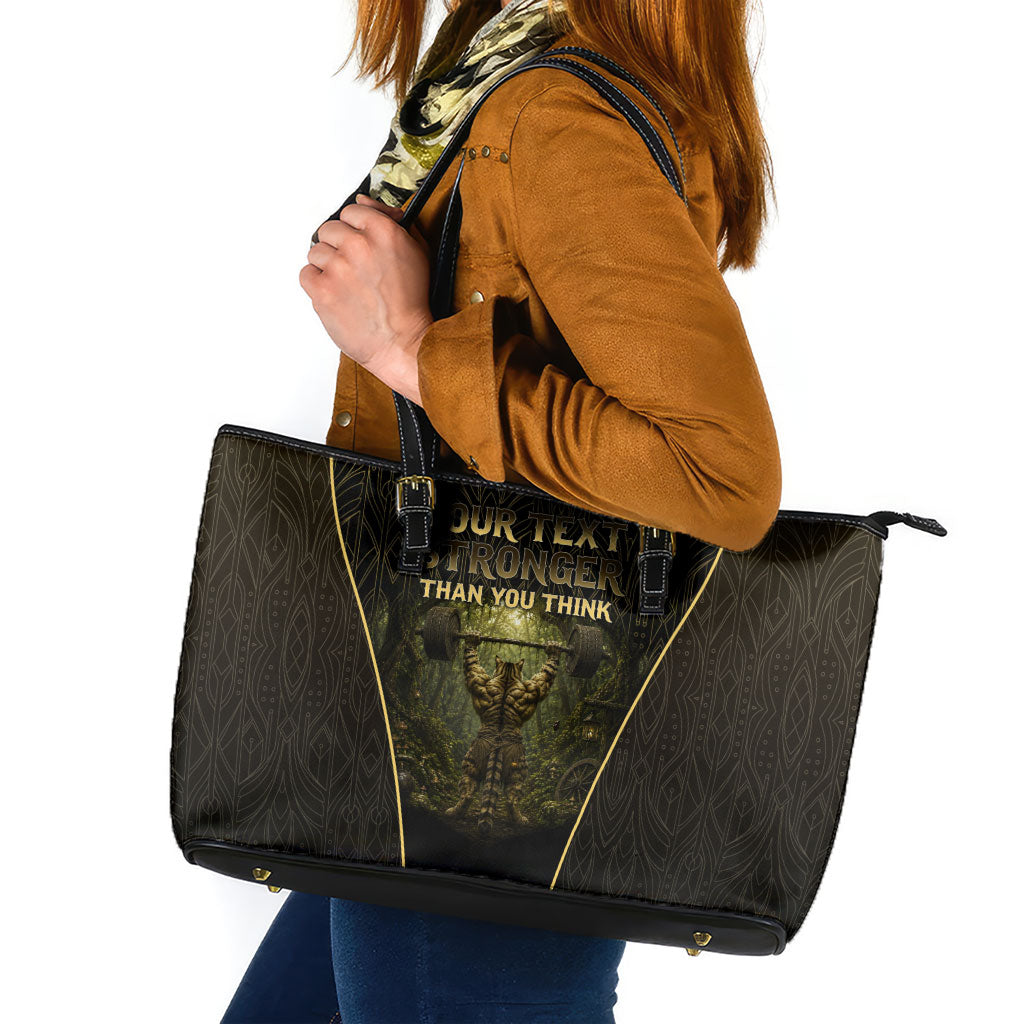 Personalized Muscular Cat Weightlifting Leather Tote Bag Pain For Growth Dark Fantasy Gym Graphic
