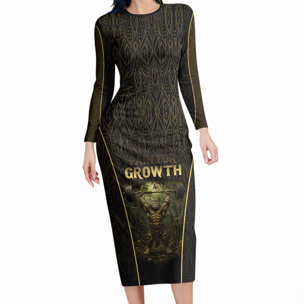 Personalized Muscular Cat Weightlifting Long Sleeve Bodycon Dress Pain For Growth Dark Fantasy Gym Graphic