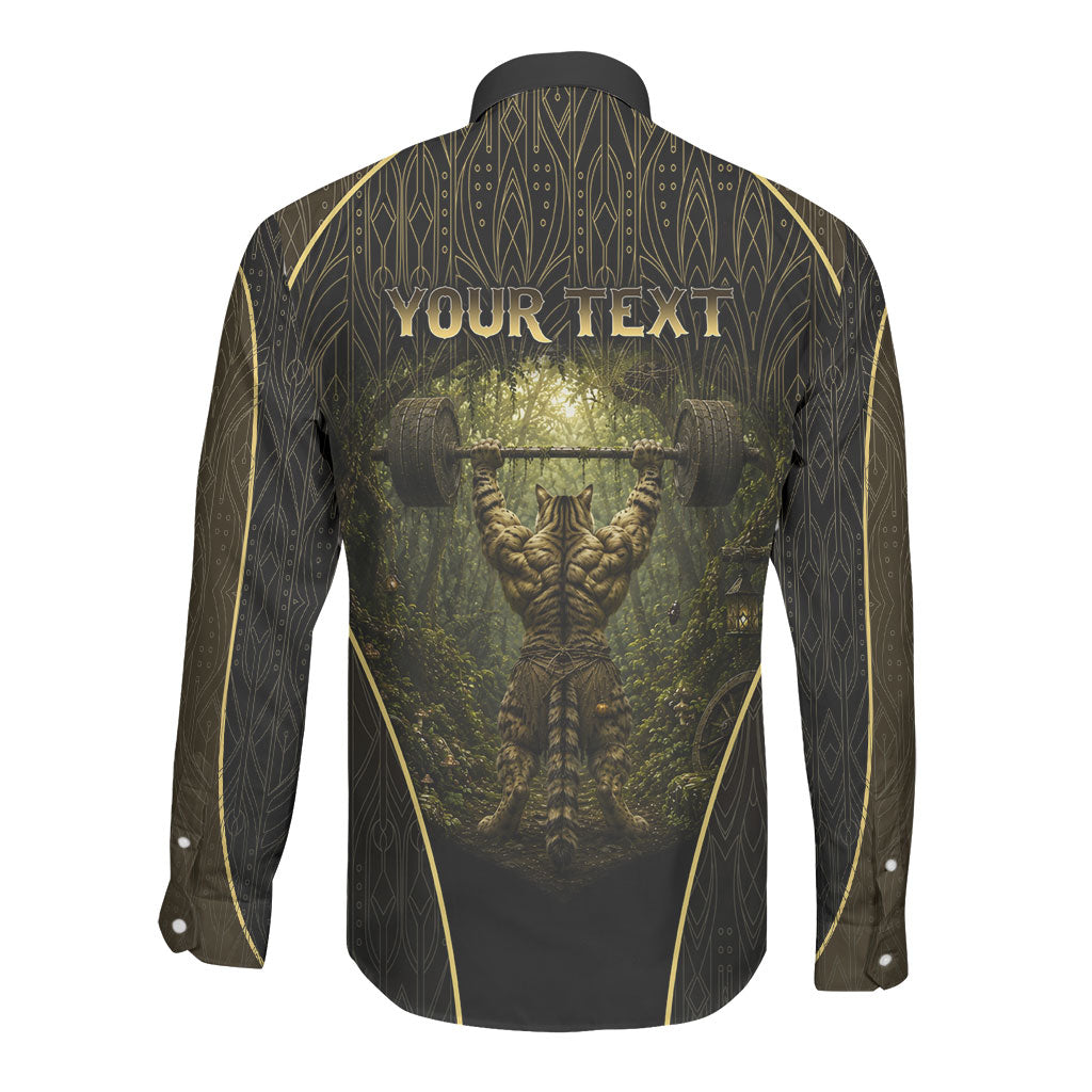 Personalized Muscular Cat Weightlifting Long Sleeve Button Shirt Pain For Growth Dark Fantasy Gym Graphic