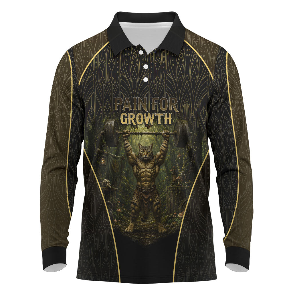 Personalized Muscular Cat Weightlifting Long Sleeve Polo Shirt Pain For Growth Dark Fantasy Gym Graphic