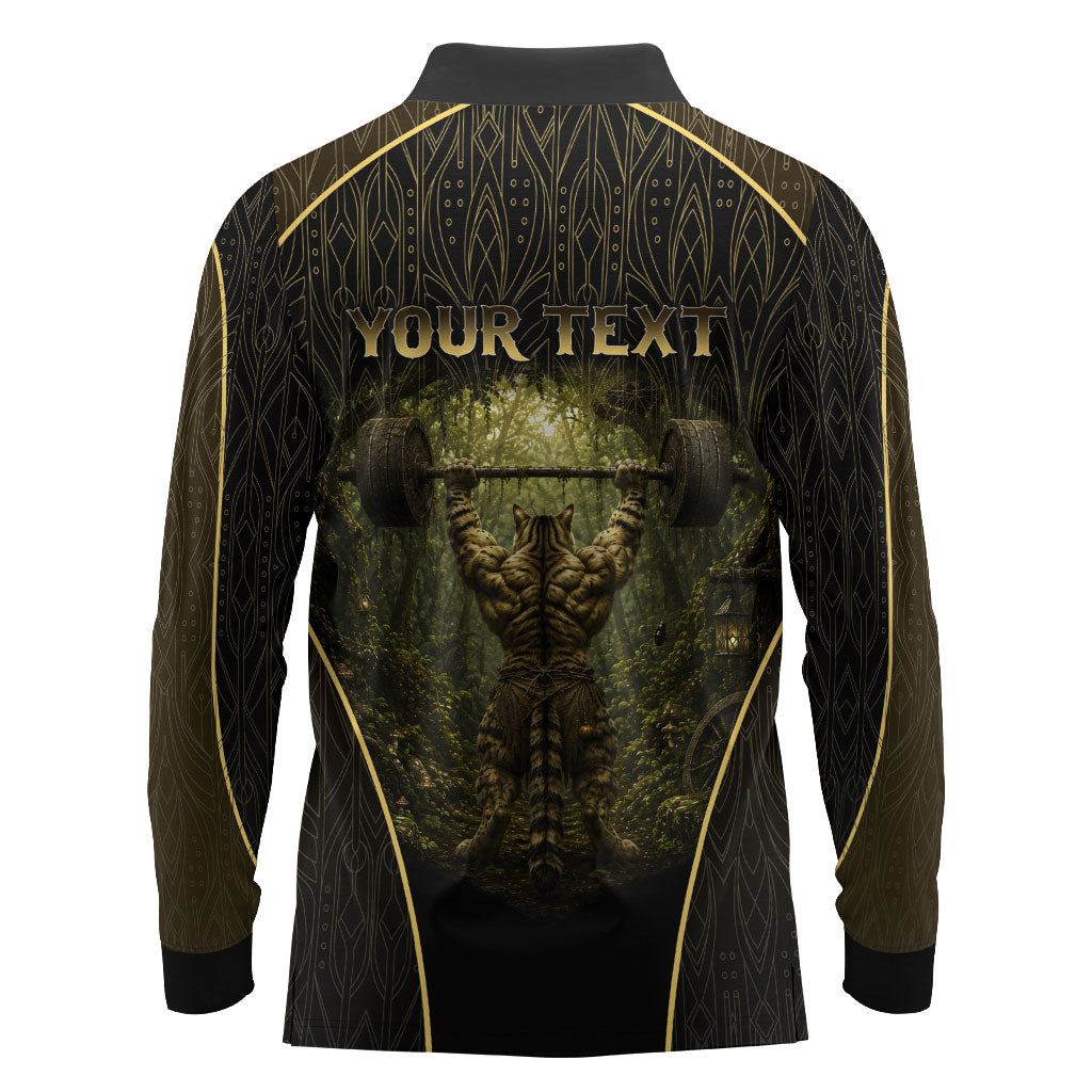 Personalized Muscular Cat Weightlifting Long Sleeve Polo Shirt Pain For Growth Dark Fantasy Gym Graphic