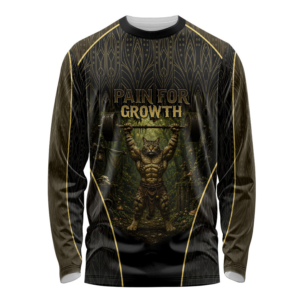 Personalized Muscular Cat Weightlifting Long Sleeve Shirt Pain For Growth Dark Fantasy Gym Graphic