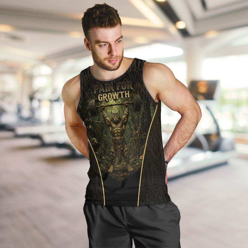 Personalized Muscular Cat Weightlifting Men Tank Top Pain For Growth Dark Fantasy Gym Graphic