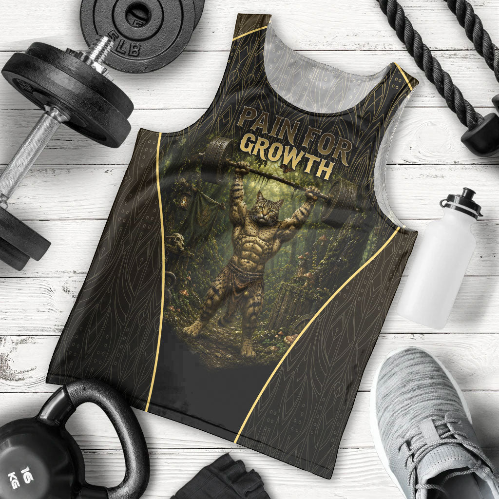 Personalized Muscular Cat Weightlifting Men Tank Top Pain For Growth Dark Fantasy Gym Graphic