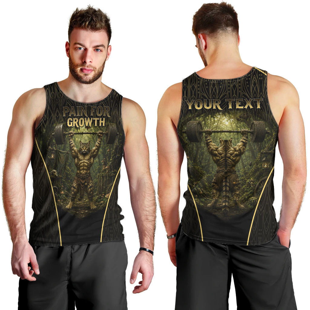 Personalized Muscular Cat Weightlifting Men Tank Top Pain For Growth Dark Fantasy Gym Graphic