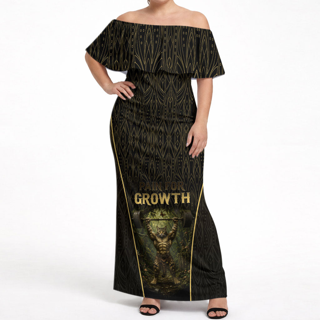 Personalized Muscular Cat Weightlifting Off Shoulder Maxi Dress Pain For Growth Dark Fantasy Gym Graphic