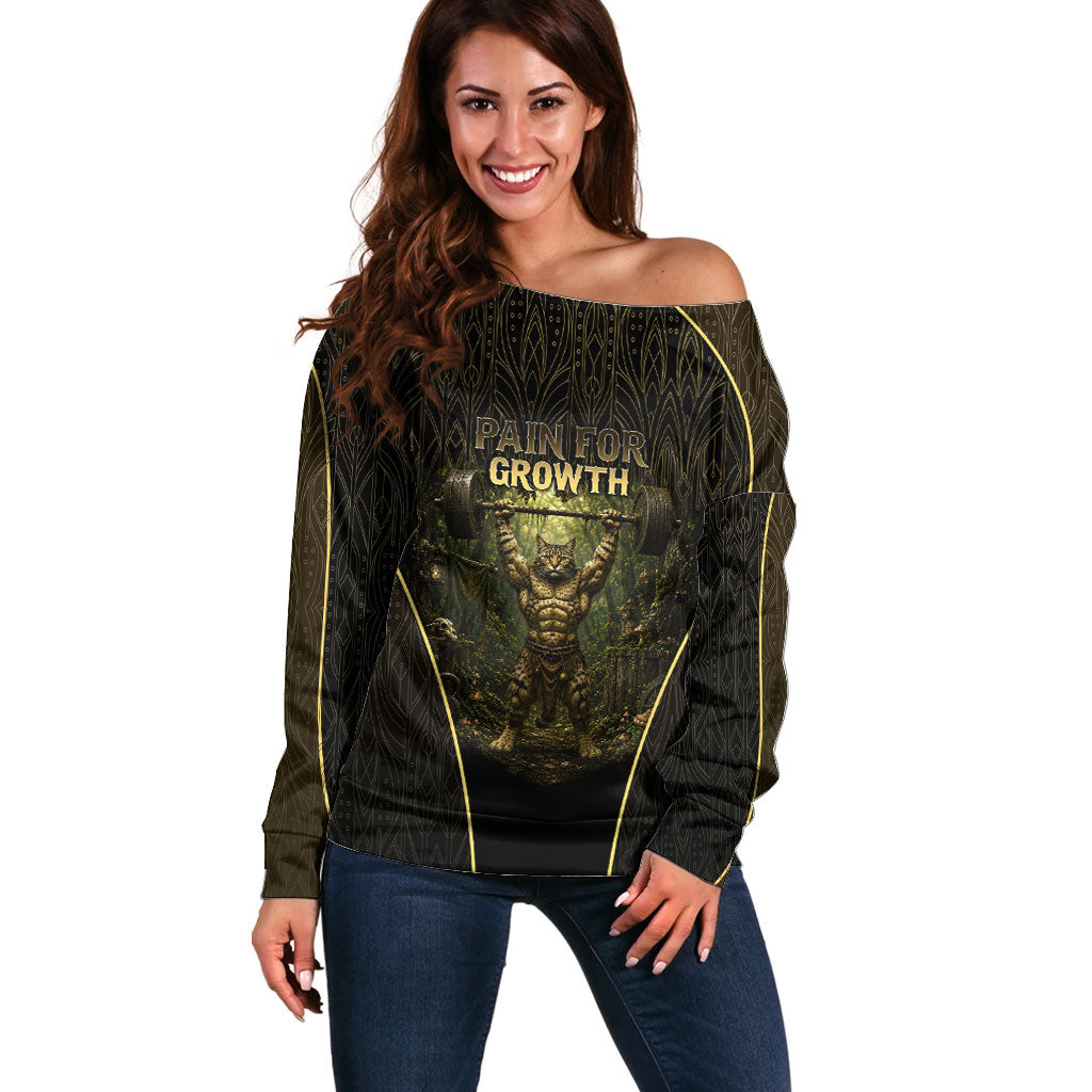 Personalized Muscular Cat Weightlifting Off Shoulder Sweater Pain For Growth Dark Fantasy Gym Graphic