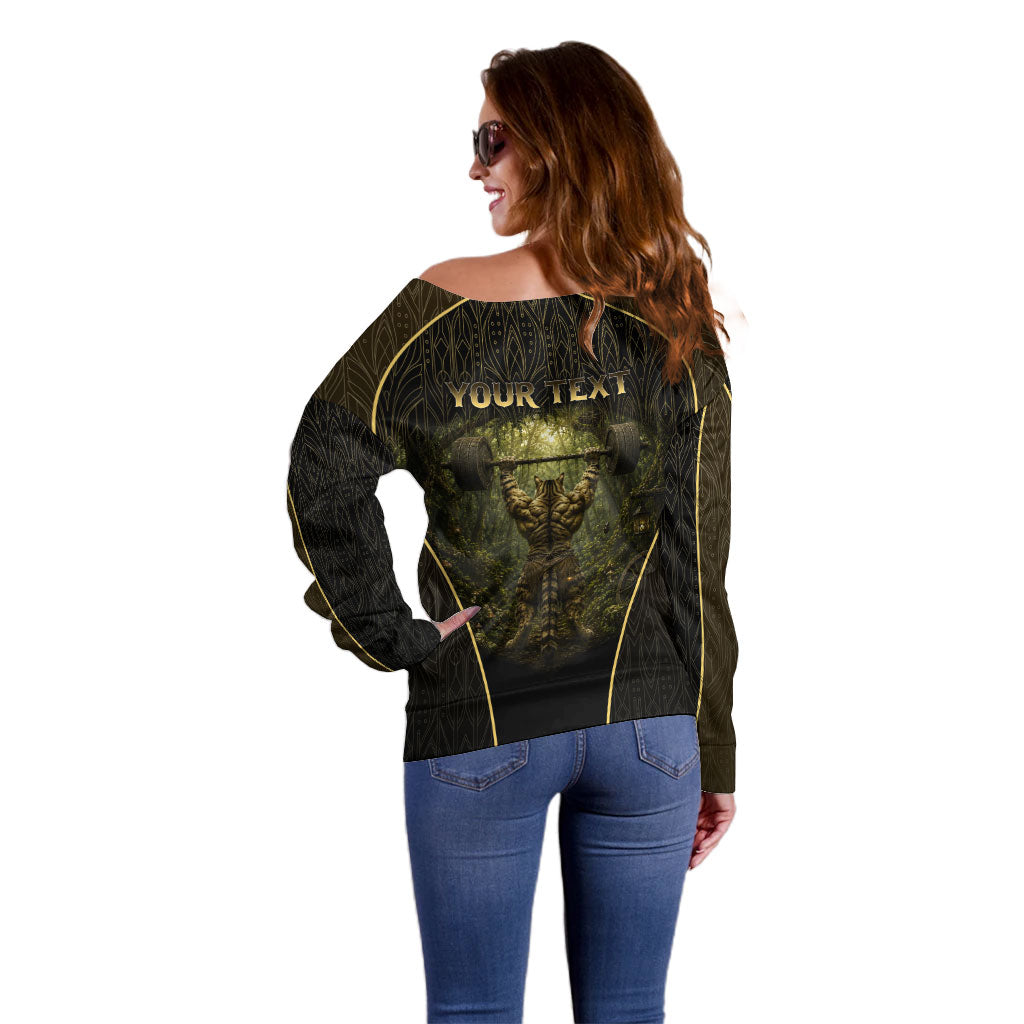 Personalized Muscular Cat Weightlifting Off Shoulder Sweater Pain For Growth Dark Fantasy Gym Graphic