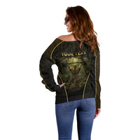 Personalized Muscular Cat Weightlifting Off Shoulder Sweater Pain For Growth Dark Fantasy Gym Graphic