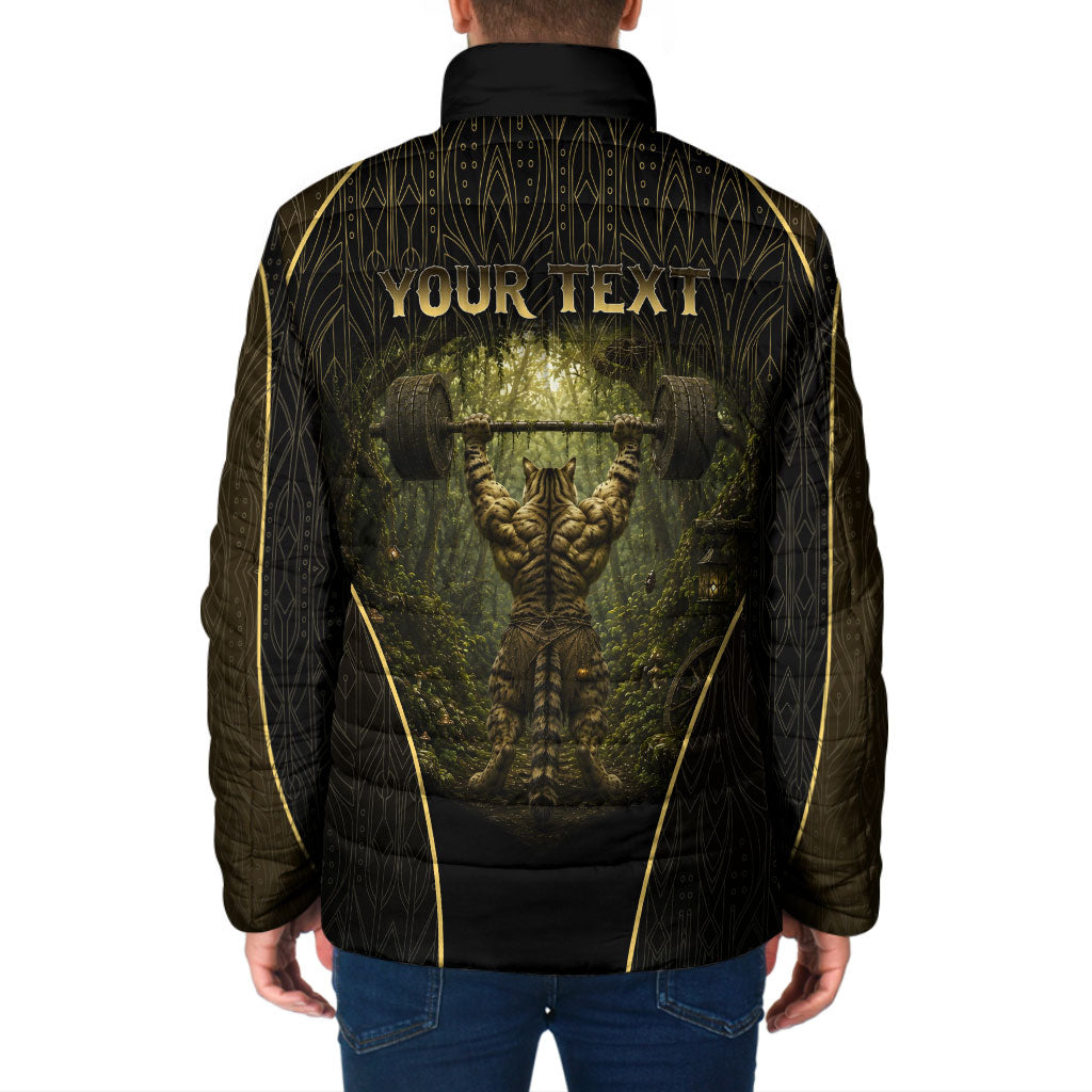 Personalized Muscular Cat Weightlifting Padded Jacket Pain For Growth Dark Fantasy Gym Graphic