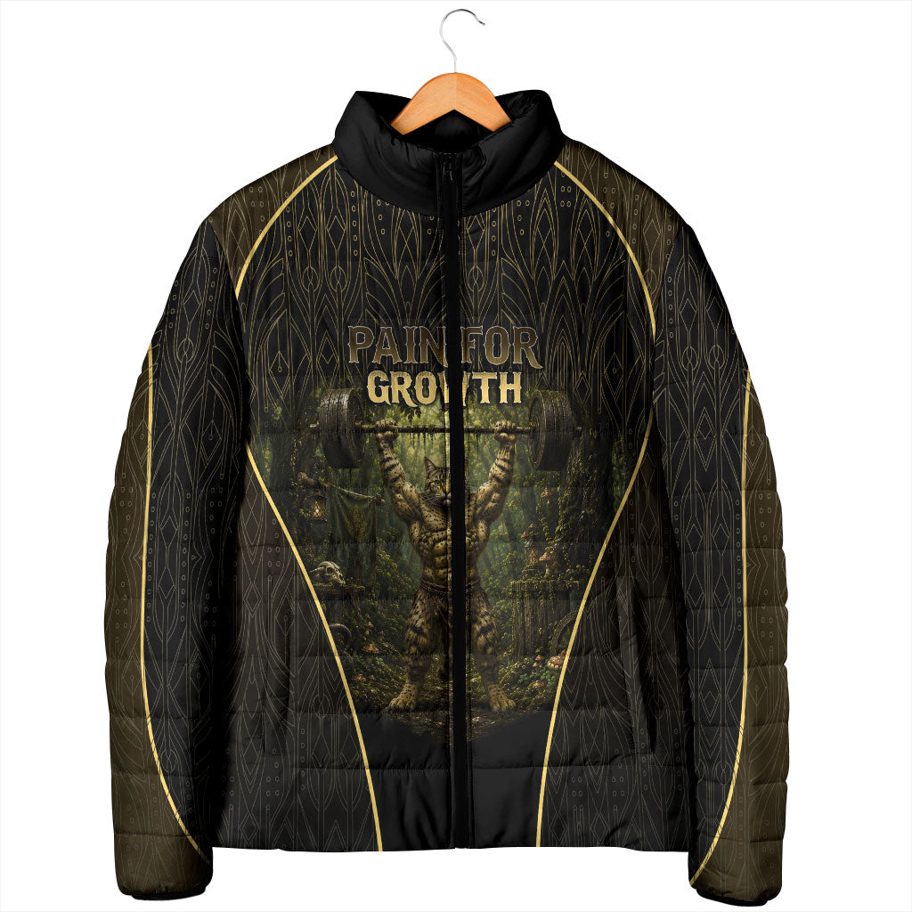Personalized Muscular Cat Weightlifting Padded Jacket Pain For Growth Dark Fantasy Gym Graphic