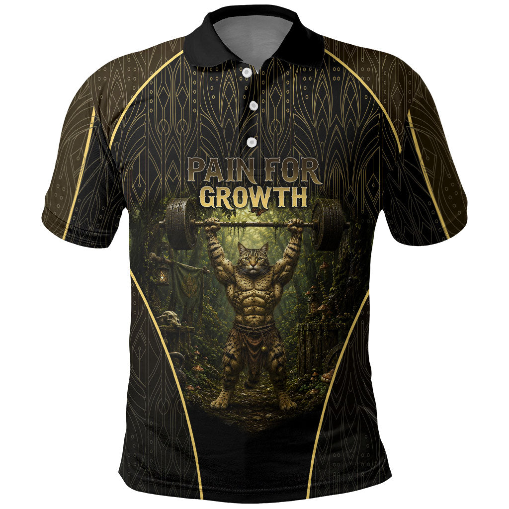 Personalized Muscular Cat Weightlifting Polo Shirt Pain For Growth Dark Fantasy Gym Graphic