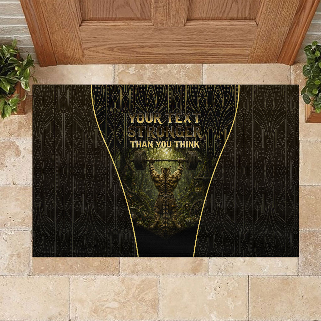 Personalized Muscular Cat Weightlifting Rubber Doormat Pain For Growth Dark Fantasy Gym Graphic