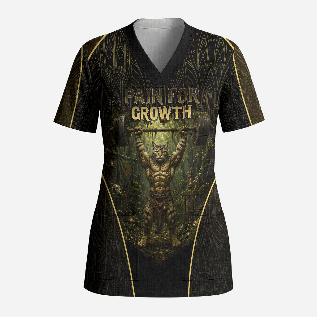 Personalized Muscular Cat Weightlifting Scrub Top Pain For Growth Dark Fantasy Gym Graphic