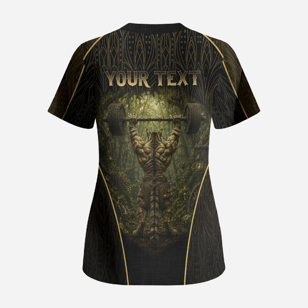 Personalized Muscular Cat Weightlifting Scrub Top Pain For Growth Dark Fantasy Gym Graphic