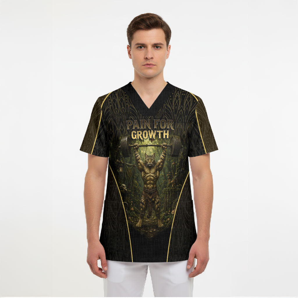 Personalized Muscular Cat Weightlifting Scrub Top Pain For Growth Dark Fantasy Gym Graphic