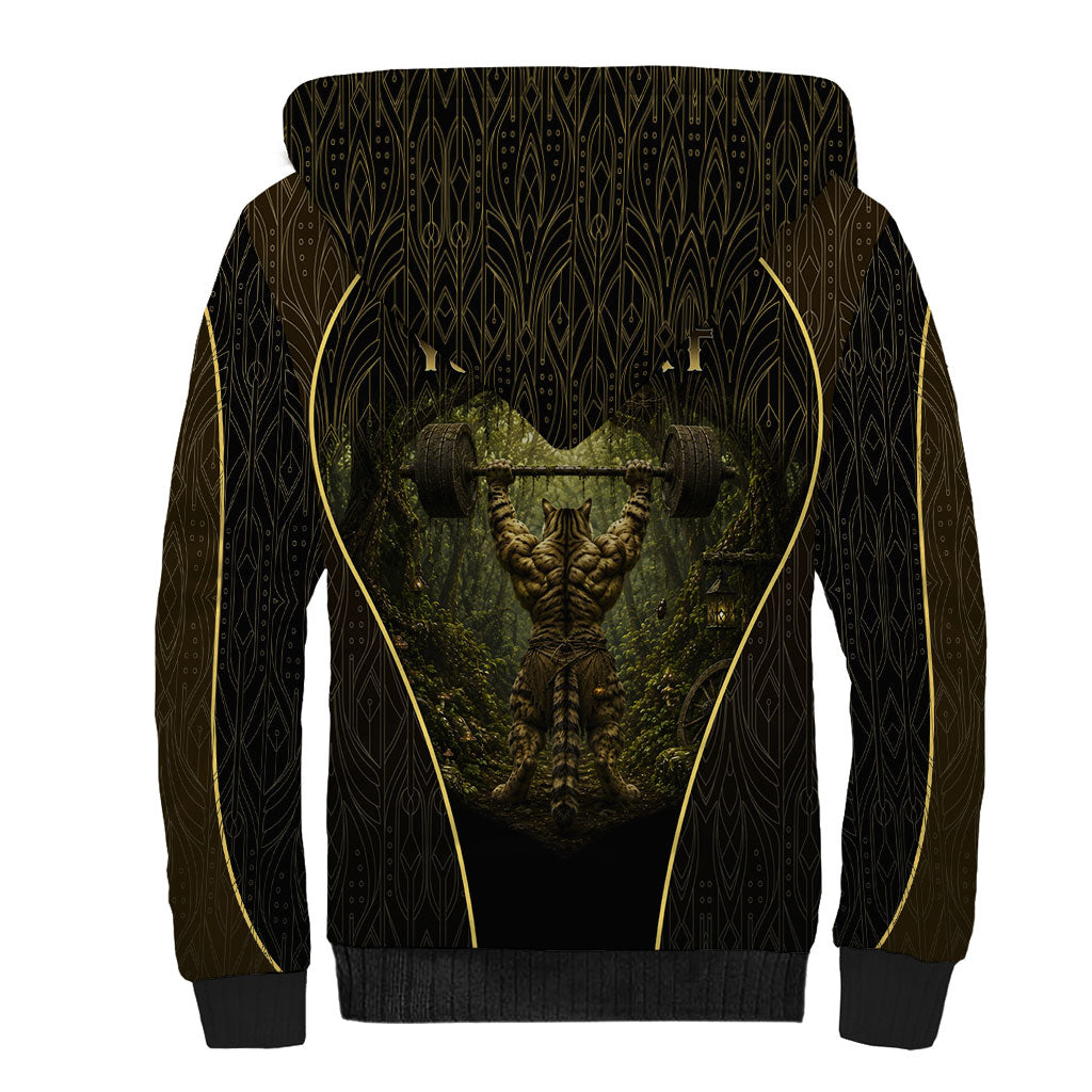 Personalized Muscular Cat Weightlifting Sherpa Hoodie Pain For Growth Dark Fantasy Gym Graphic