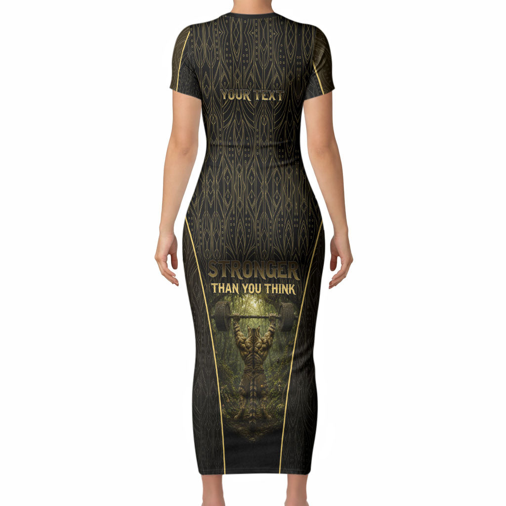Personalized Muscular Cat Weightlifting Short Sleeve Bodycon Dress Pain For Growth Dark Fantasy Gym Graphic
