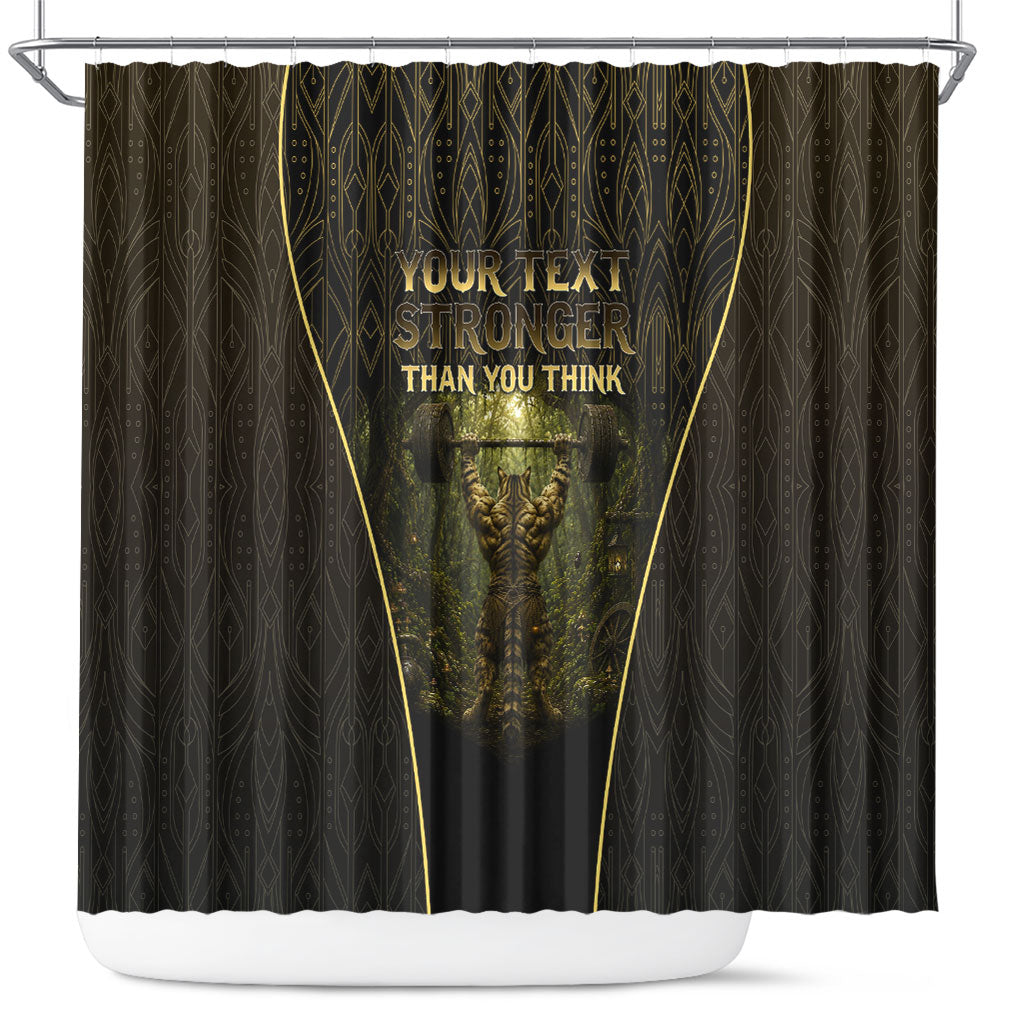 Personalized Muscular Cat Weightlifting Shower Curtain Pain For Growth Dark Fantasy Gym Graphic