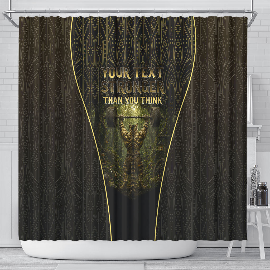 Personalized Muscular Cat Weightlifting Shower Curtain Pain For Growth Dark Fantasy Gym Graphic