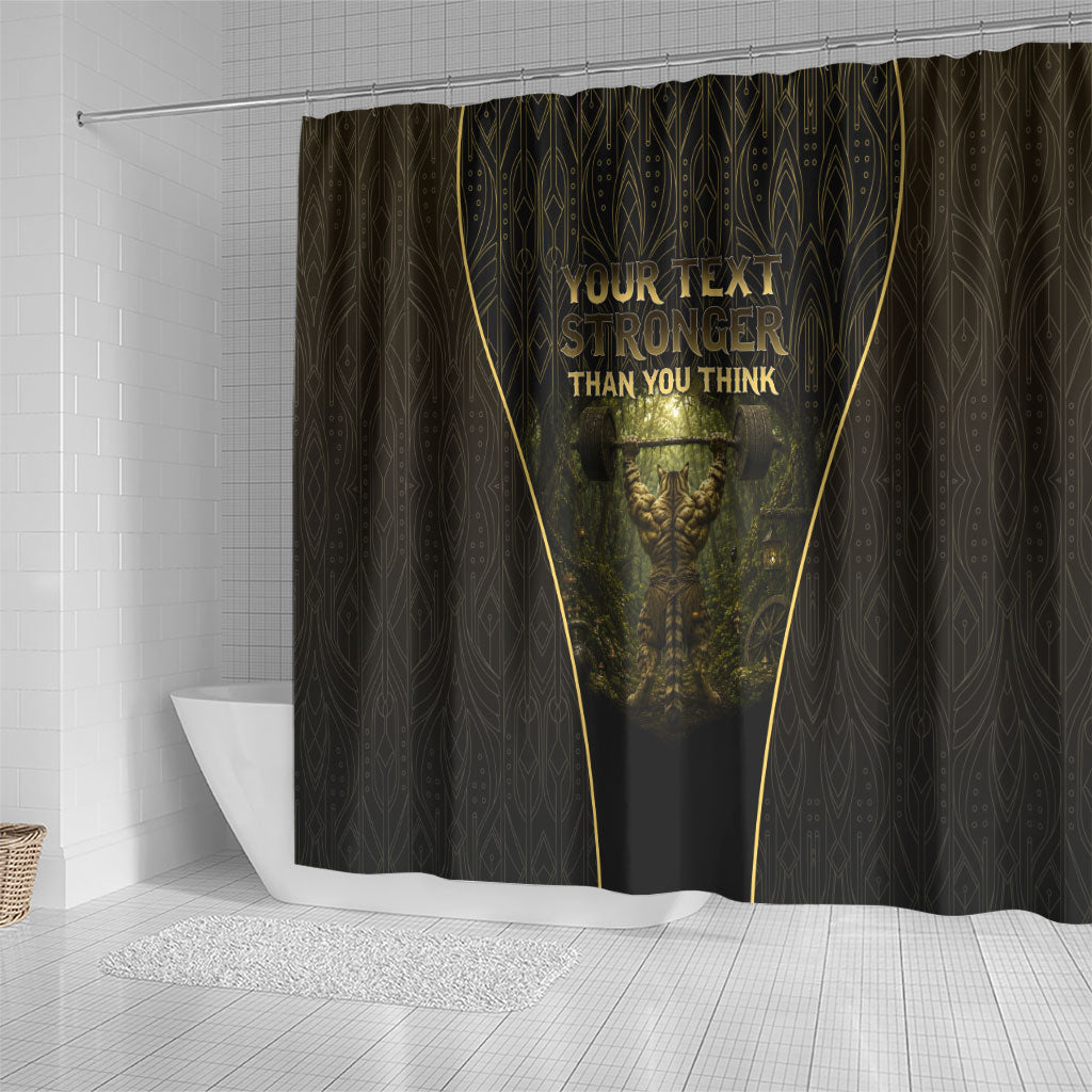 Personalized Muscular Cat Weightlifting Shower Curtain Pain For Growth Dark Fantasy Gym Graphic