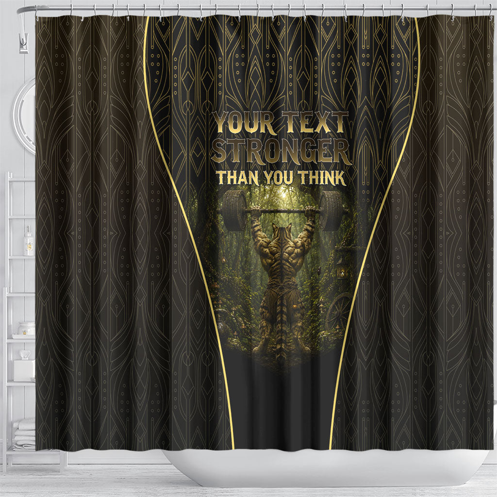 Personalized Muscular Cat Weightlifting Shower Curtain Pain For Growth Dark Fantasy Gym Graphic