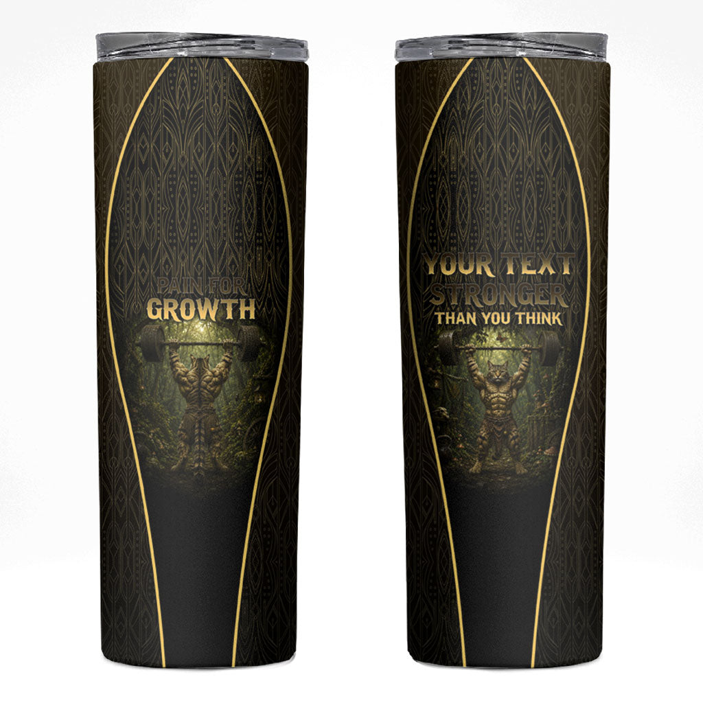 Personalized Muscular Cat Weightlifting Skinny Tumbler Pain For Growth Dark Fantasy Gym Graphic