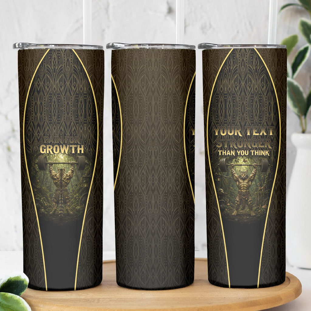 Personalized Muscular Cat Weightlifting Skinny Tumbler Pain For Growth Dark Fantasy Gym Graphic