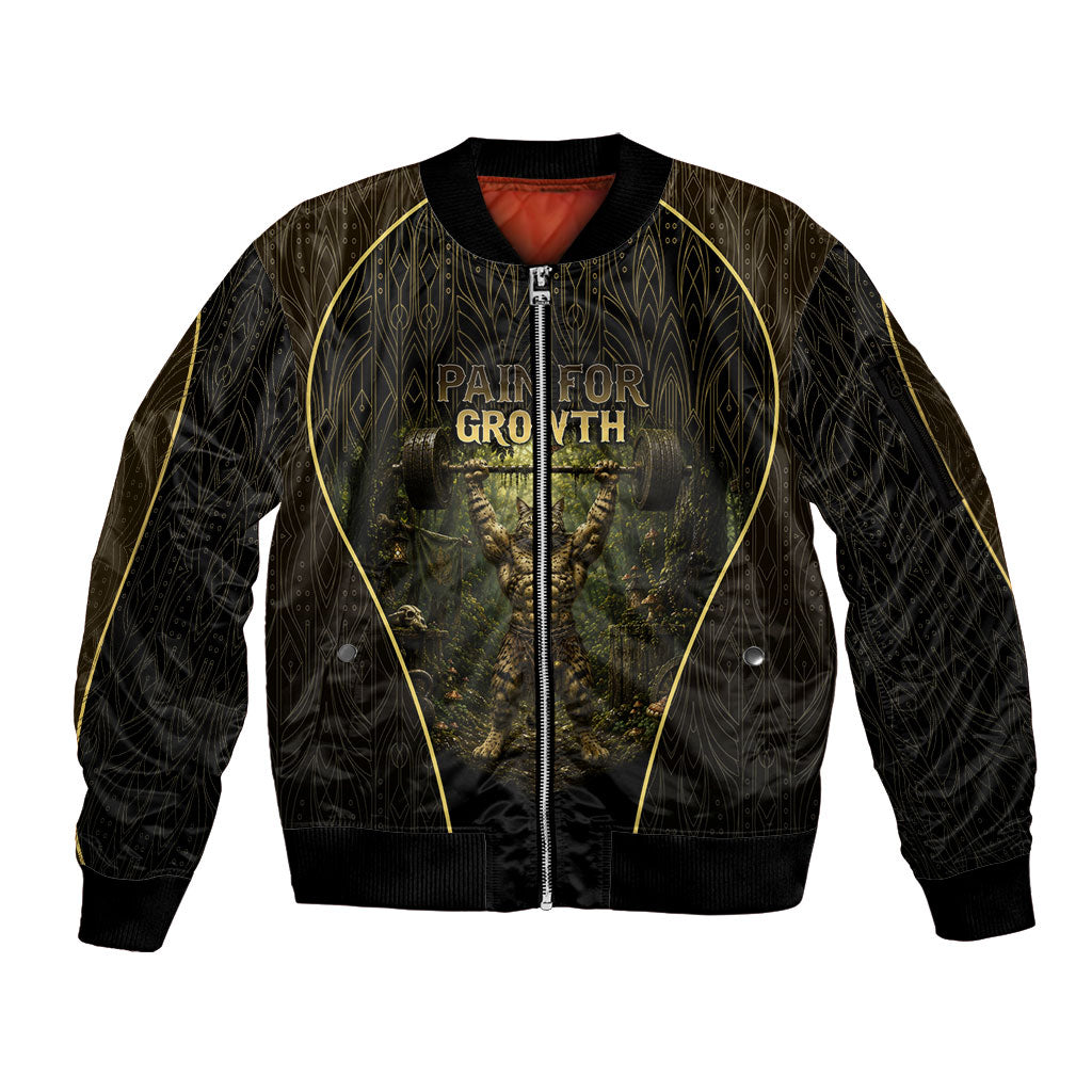 Personalized Muscular Cat Weightlifting Sleeve Zip Bomber Jacket Pain For Growth Dark Fantasy Gym Graphic