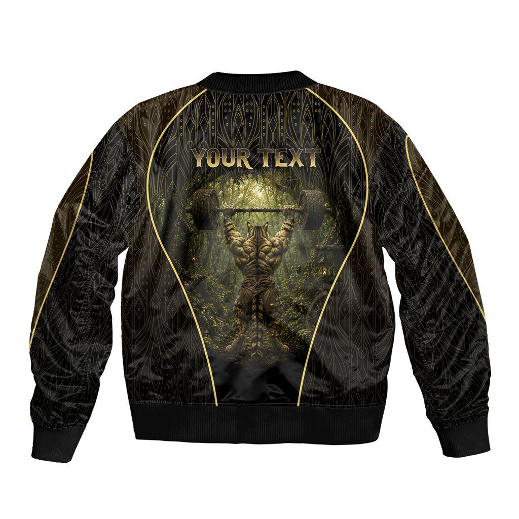 Personalized Muscular Cat Weightlifting Sleeve Zip Bomber Jacket Pain For Growth Dark Fantasy Gym Graphic