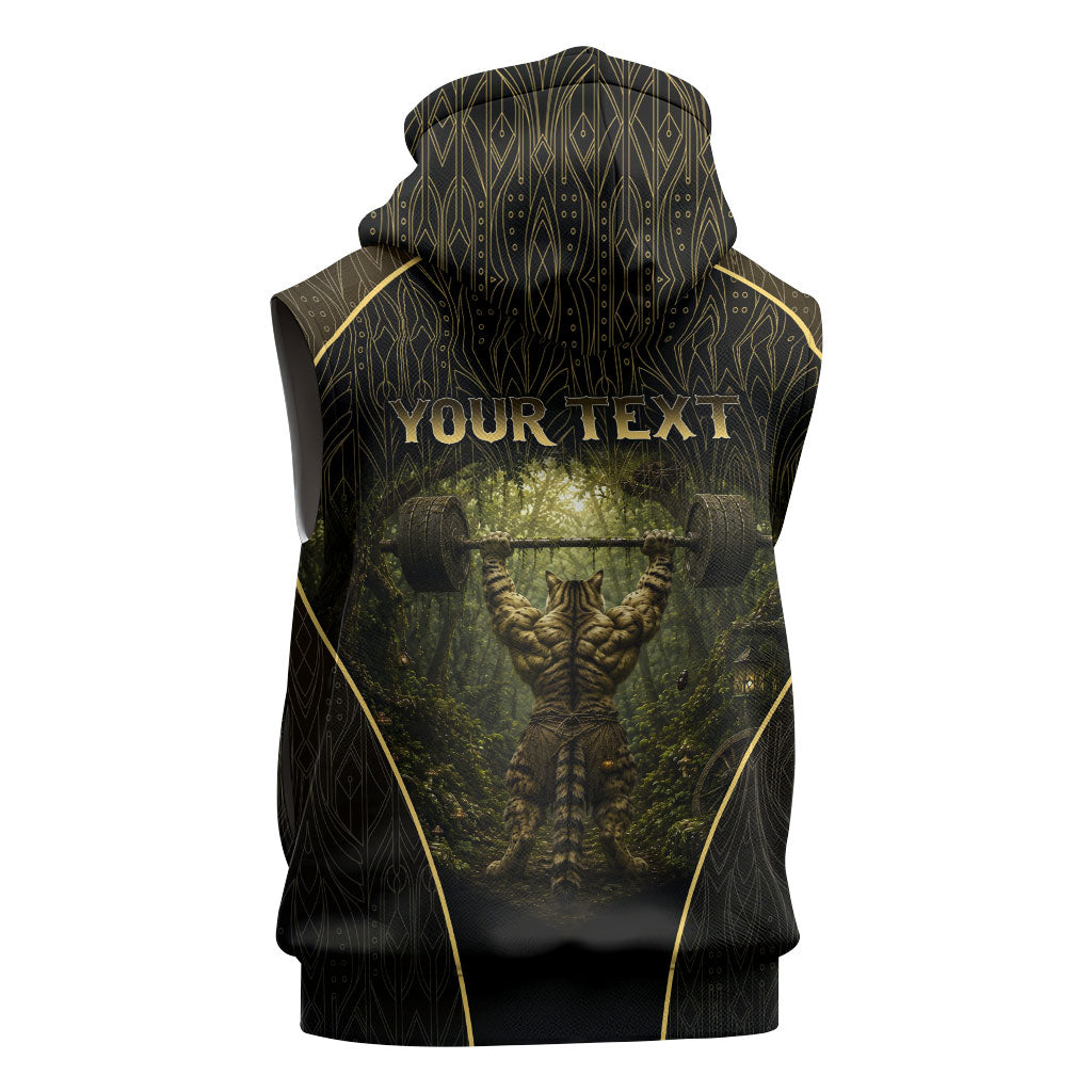 Personalized Muscular Cat Weightlifting Sleeveless Hoodie Pain For Growth Dark Fantasy Gym Graphic
