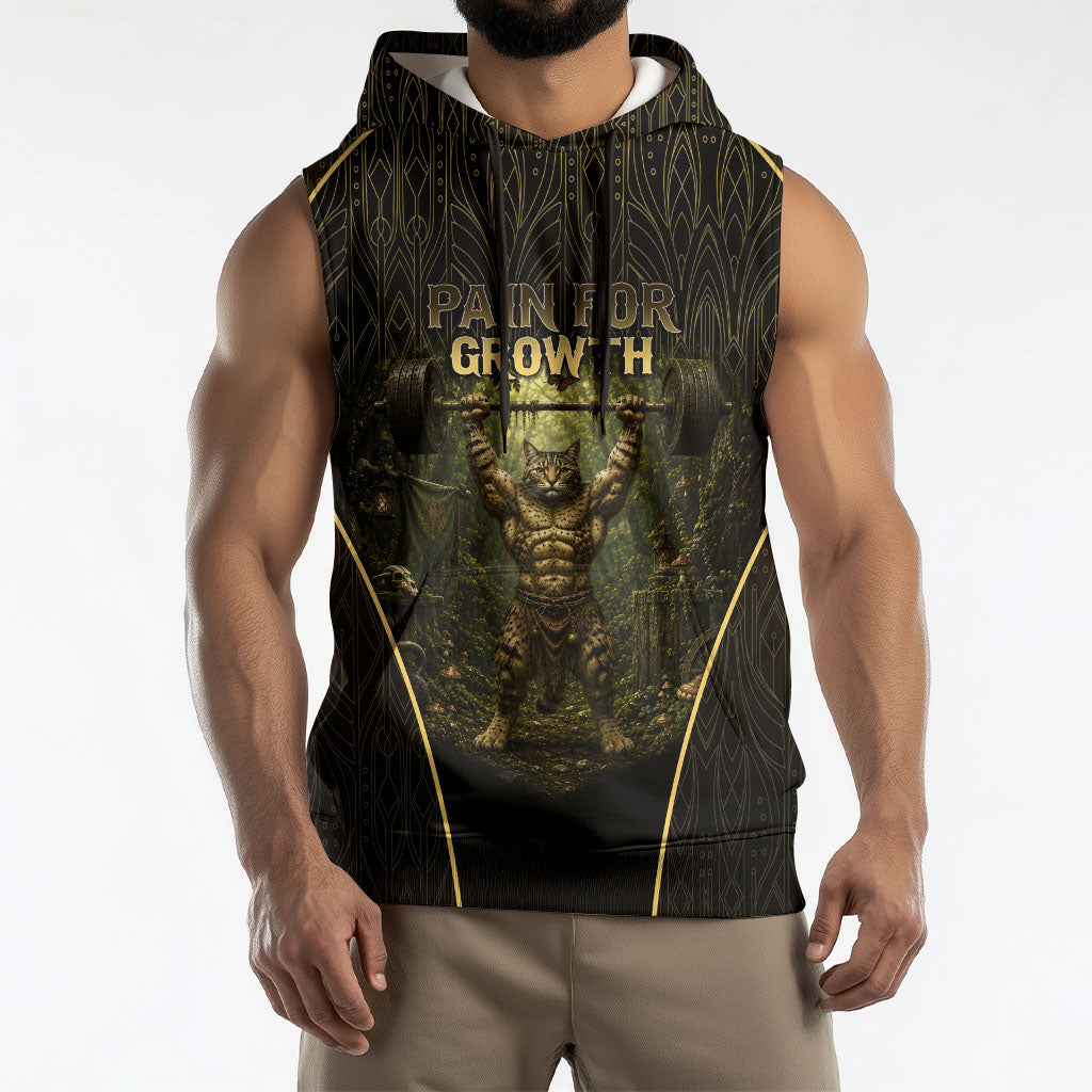 Personalized Muscular Cat Weightlifting Sleeveless Hoodie Pain For Growth Dark Fantasy Gym Graphic