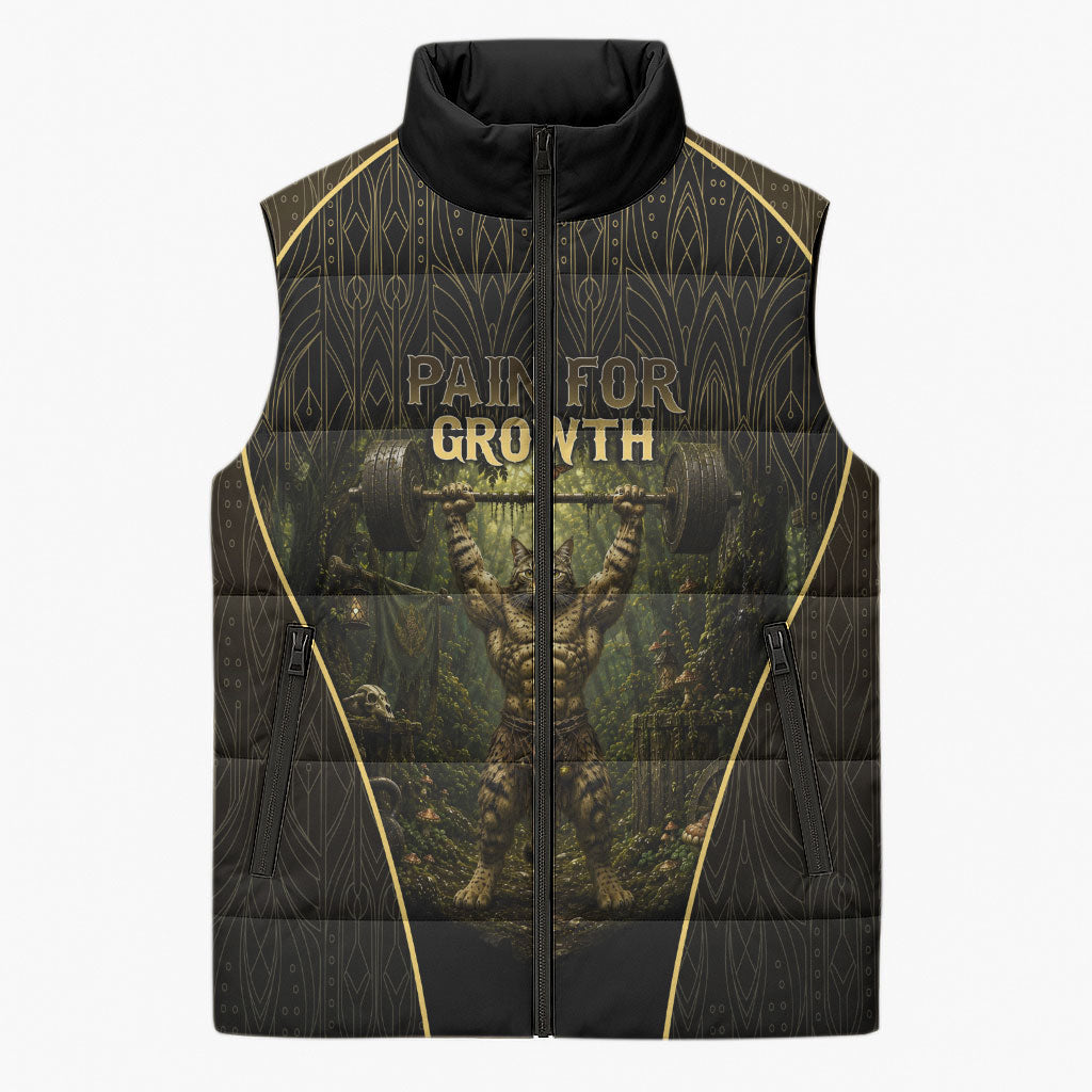 Personalized Muscular Cat Weightlifting Sleeveless Puffer Jacket Pain For Growth Dark Fantasy Gym Graphic
