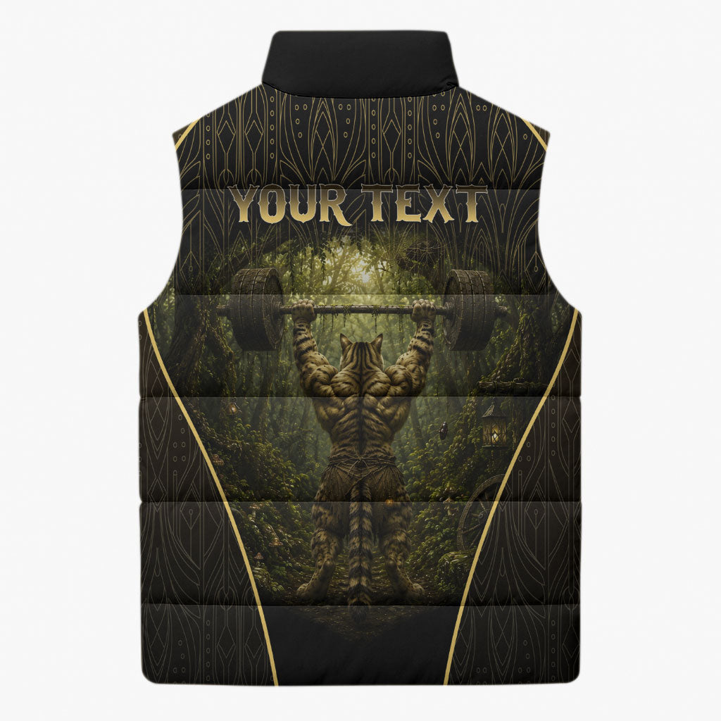 Personalized Muscular Cat Weightlifting Sleeveless Puffer Jacket Pain For Growth Dark Fantasy Gym Graphic
