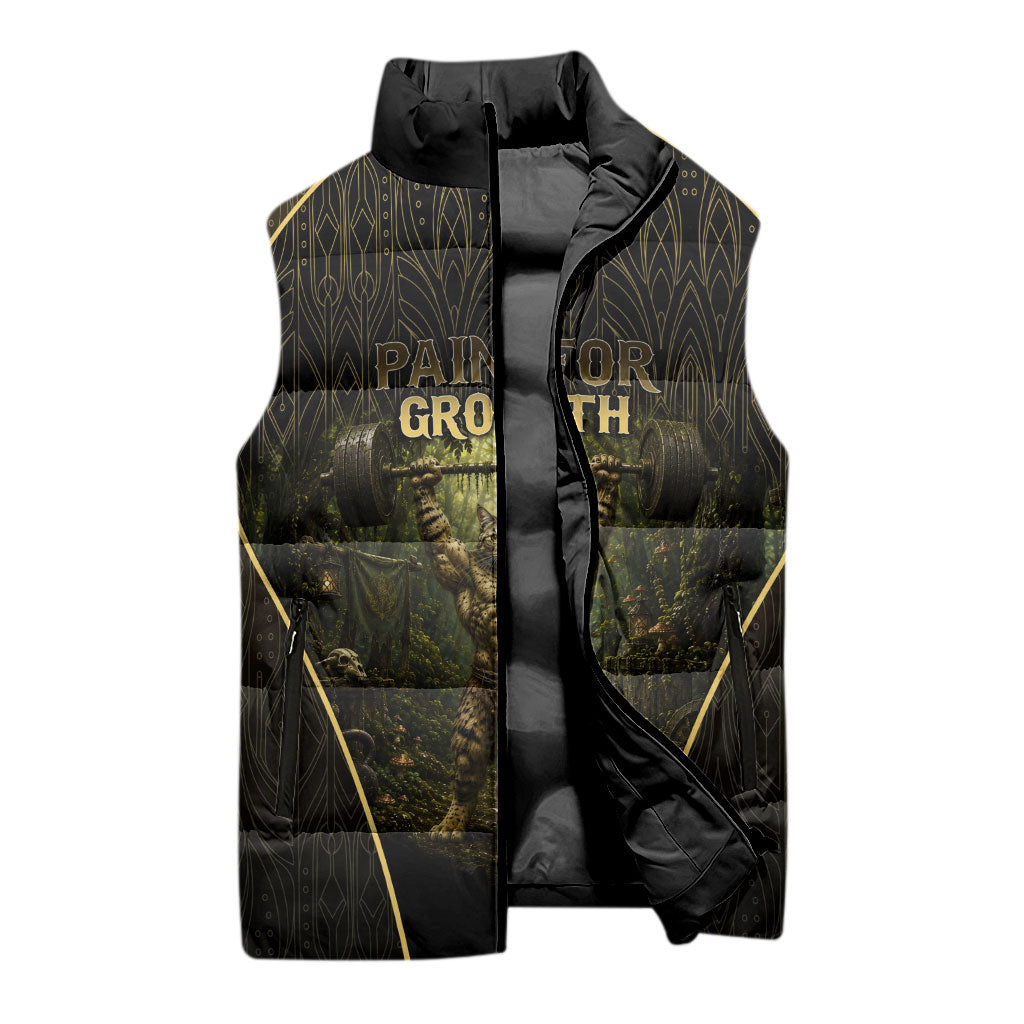 Personalized Muscular Cat Weightlifting Sleeveless Puffer Jacket Pain For Growth Dark Fantasy Gym Graphic