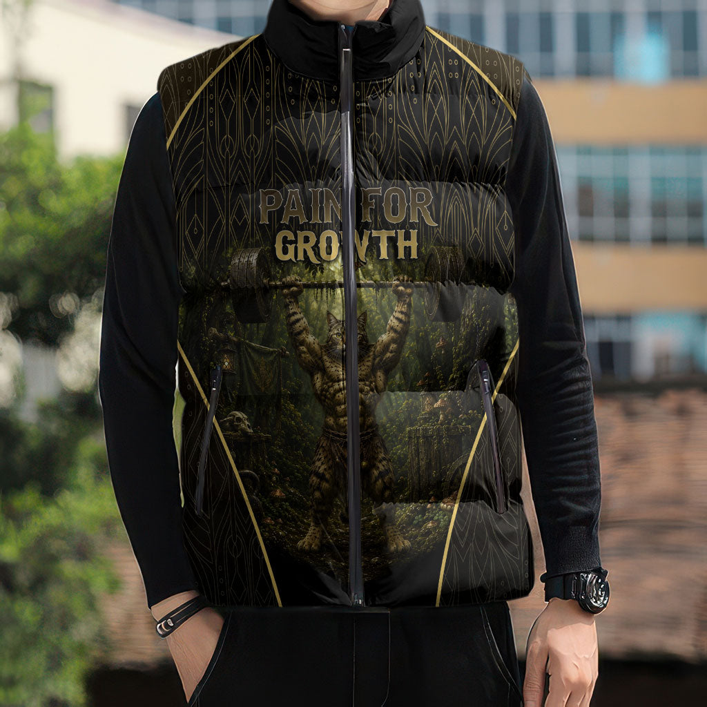 Personalized Muscular Cat Weightlifting Sleeveless Puffer Jacket Pain For Growth Dark Fantasy Gym Graphic