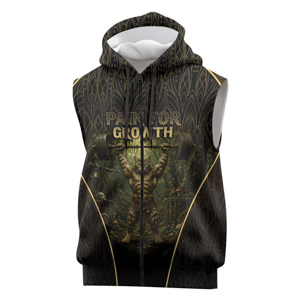Personalized Muscular Cat Weightlifting Sleeveless Zip Hoodie Pain For Growth Dark Fantasy Gym Graphic