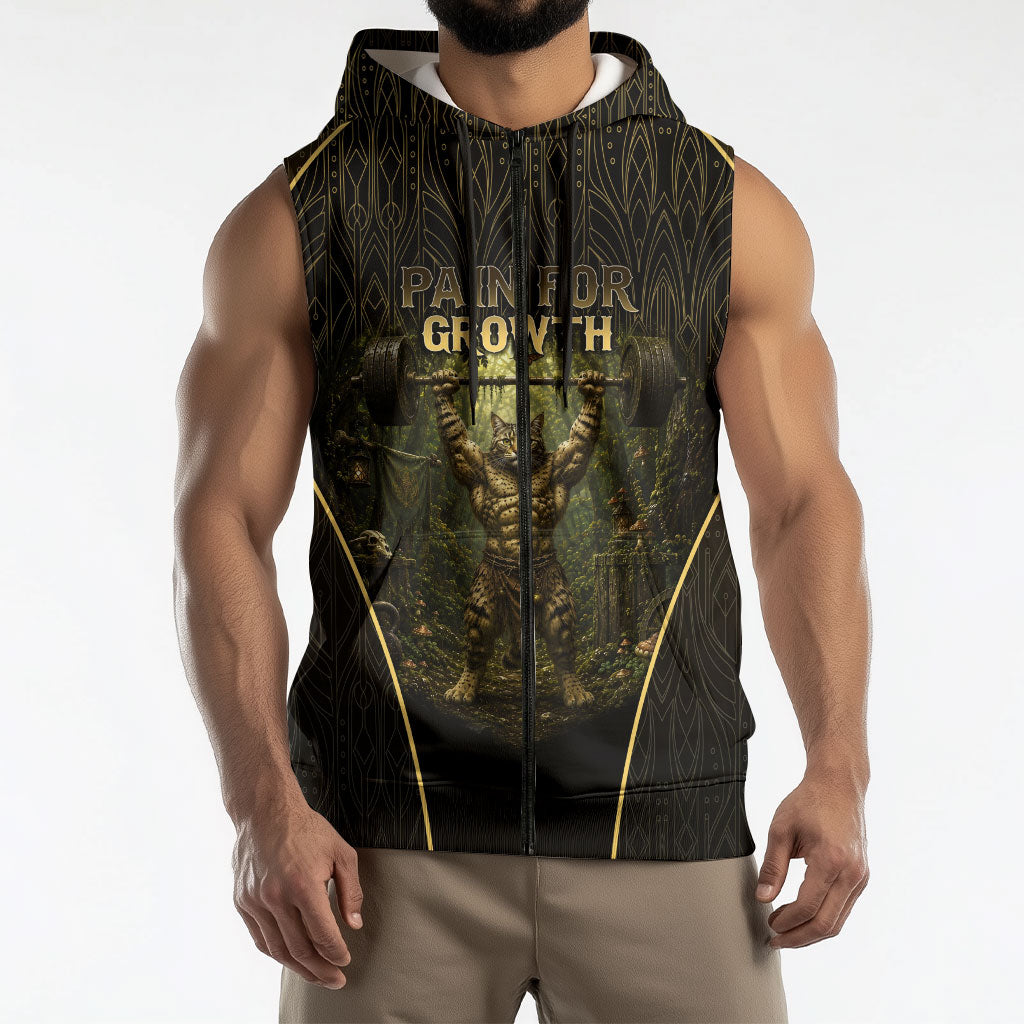 Personalized Muscular Cat Weightlifting Sleeveless Zip Hoodie Pain For Growth Dark Fantasy Gym Graphic