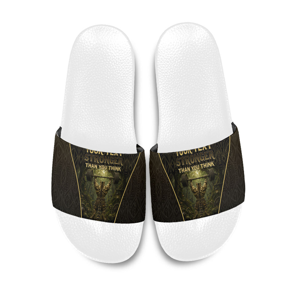 Personalized Muscular Cat Weightlifting Slide Sandals Pain For Growth Dark Fantasy Gym Graphic