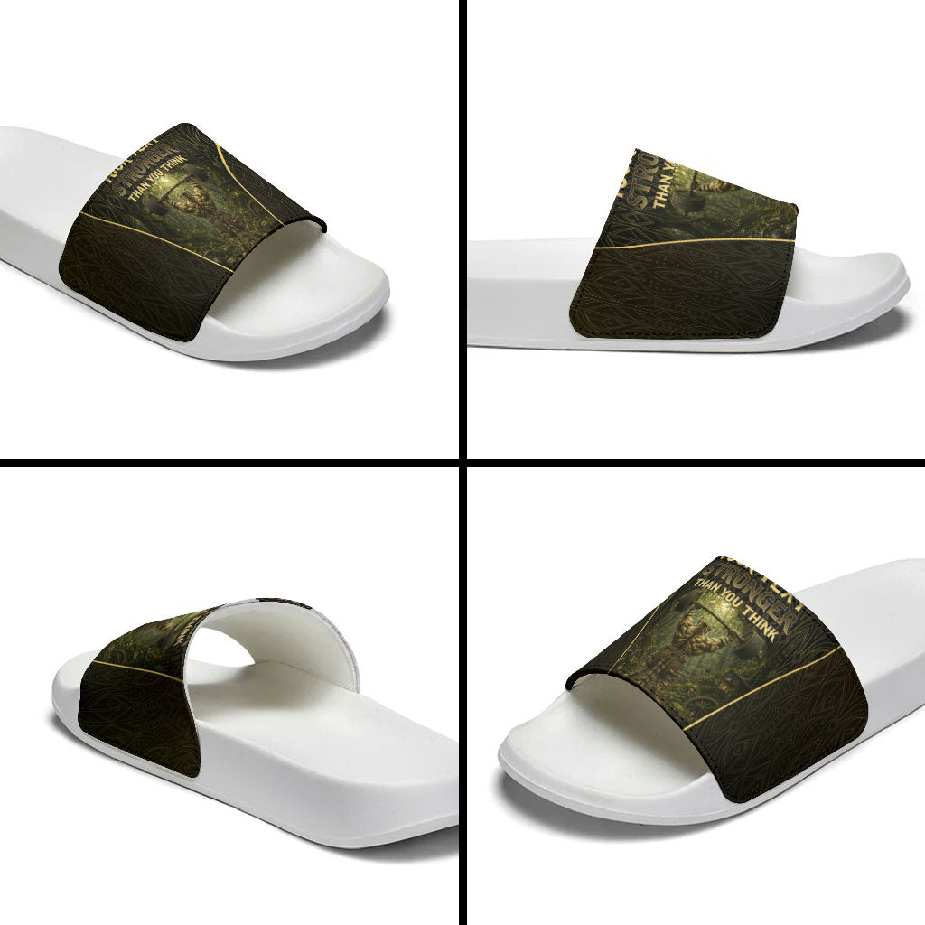 Personalized Muscular Cat Weightlifting Slide Sandals Pain For Growth Dark Fantasy Gym Graphic
