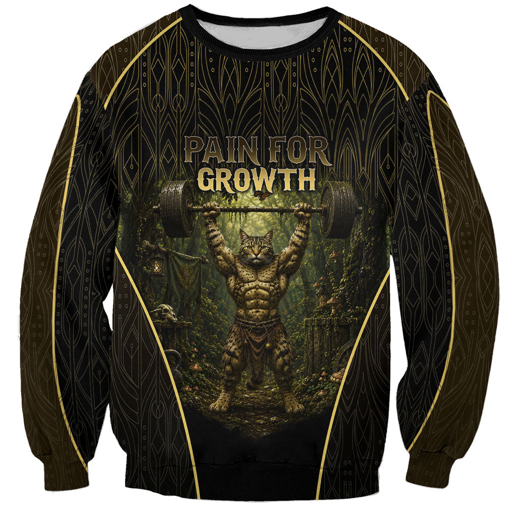 Personalized Muscular Cat Weightlifting Sweatshirt Pain For Growth Dark Fantasy Gym Graphic