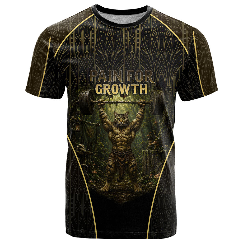 Personalized Muscular Cat Weightlifting T Shirt Pain For Growth Dark Fantasy Gym Graphic