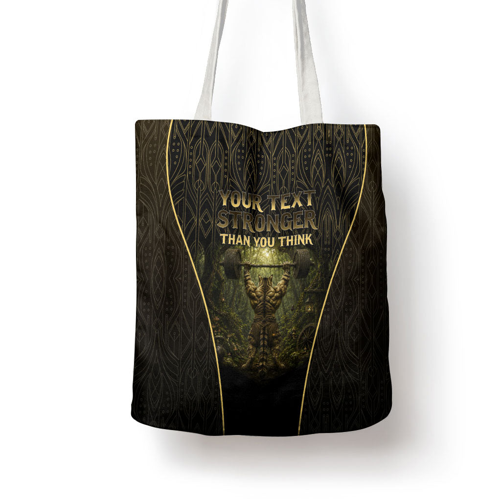 Personalized Muscular Cat Weightlifting Tote Bag Pain For Growth Dark Fantasy Gym Graphic
